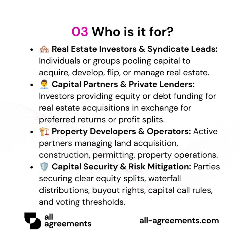 Alt Text: Custom Property Investment Agreement Preparation Service – Page 4: Infographic showing use cases for syndicate leads, private equity investors, property fix-and-flippers, and real estate developers.