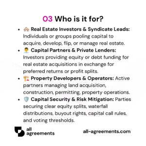 Alt Text: Custom Property Investment Agreement Preparation Service – Page 4: Infographic showing use cases for syndicate leads, private equity investors, property fix-and-flippers, and real estate developers.