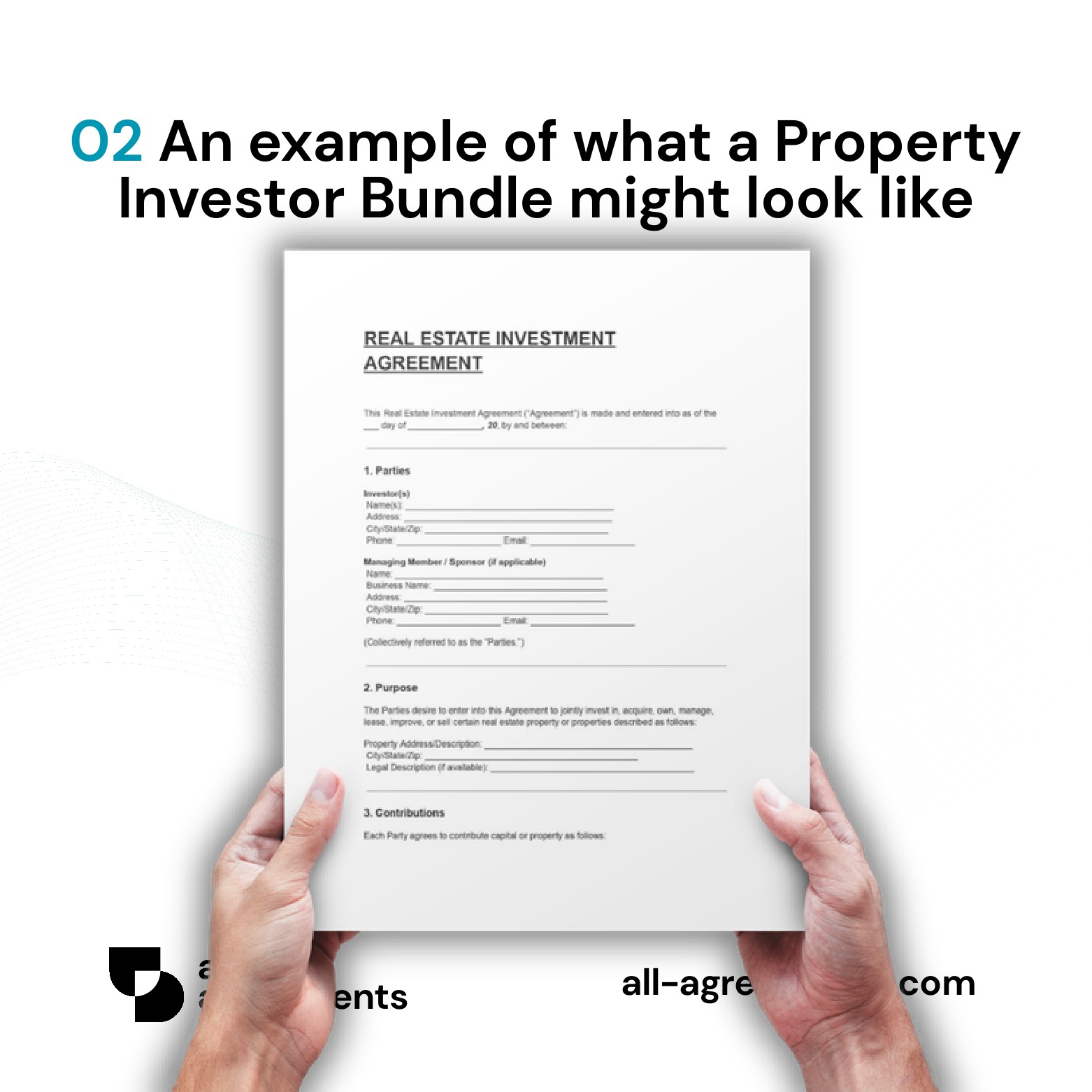 Alt Text: Custom Property Investor Bundle Service – Page 3: Diagram of legal pillars including Acquisition & Conveyance, Mandatory Disclosures, Capital Partnerships, and Commission & Agency Terms.