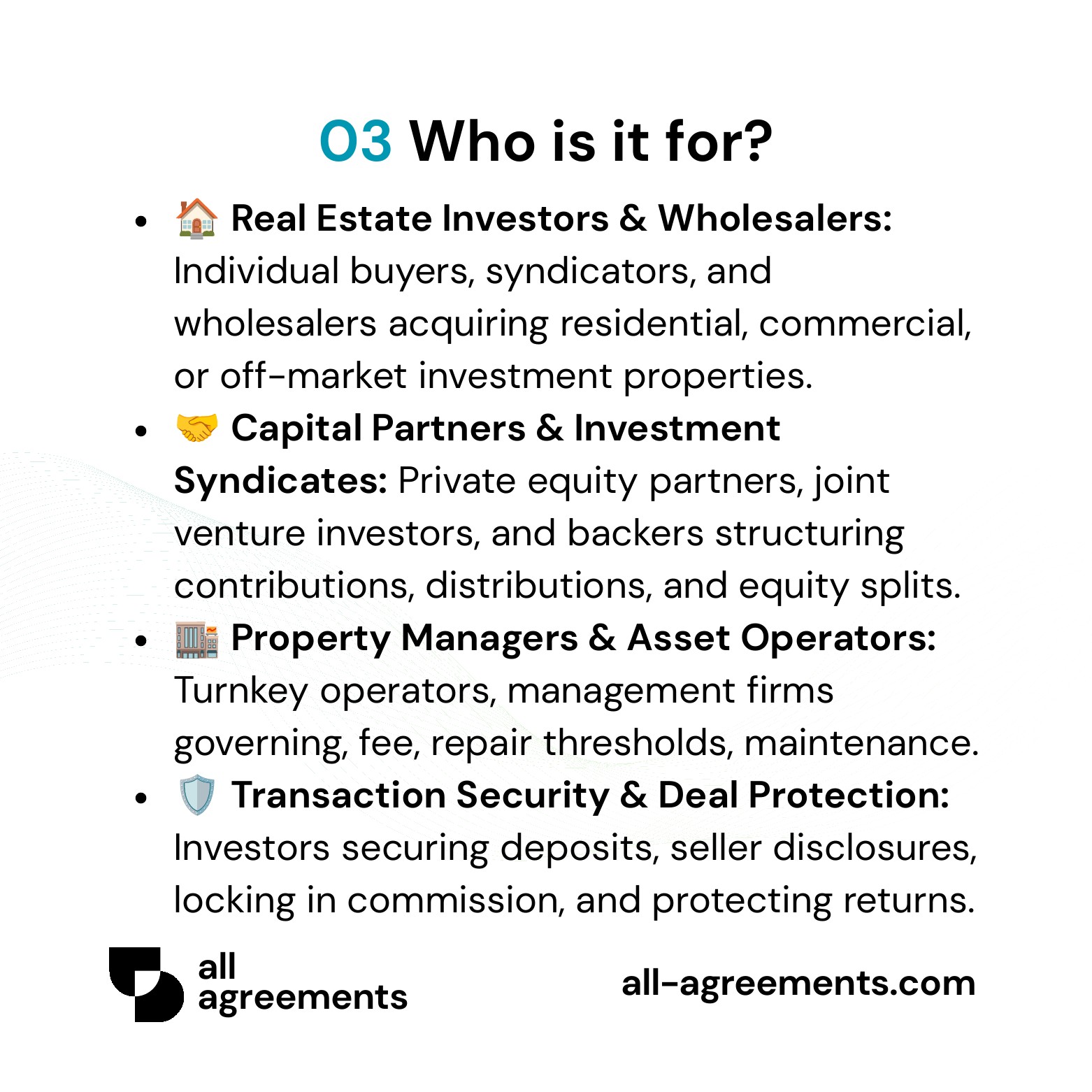 Alt Text: Custom Property Investor Bundle Service – Page 4: Infographic showing use cases for real estate wholesalers, private equity partners, turnkey operators, and asset managers.