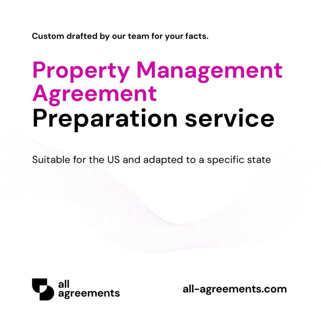 Alt Text: Custom Property Management Agreement Preparation Service – Page 1: Product cover showing hand-prepared property management contract and real estate broker document mockup.