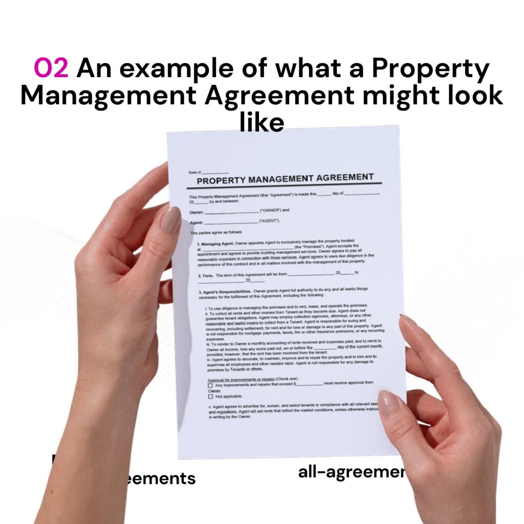Alt Text: Custom Property Management Agreement Preparation Service – Page 3: Diagram of legal pillars including Management Fee Structure, Operational & Leasing Authority, Reserve Funds & Accounting, and Termination & Eviction Rules.