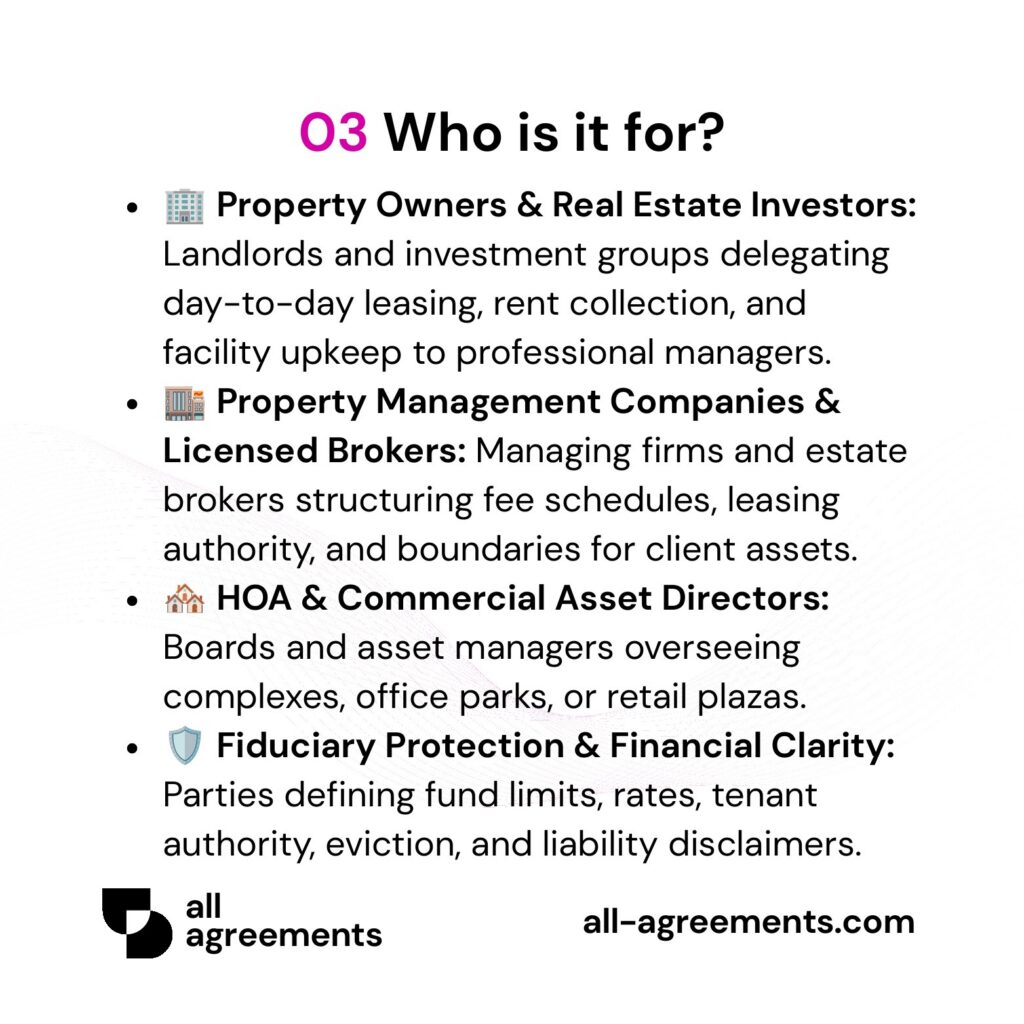Alt Text: Custom Property Management Agreement Preparation Service – Page 4: Infographic showing use cases for real estate investors, property management firms, commercial property owners, and leasing brokers.