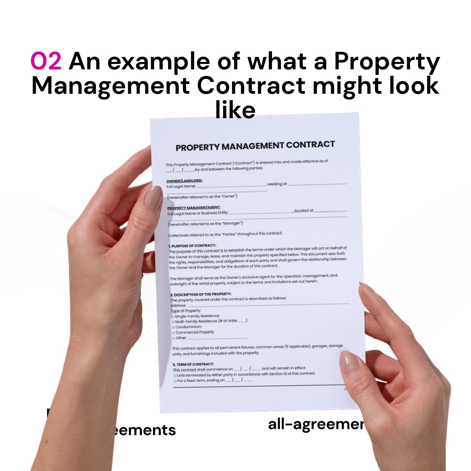 Alt Text: Custom Property Management Contract Preparation Service – Page 3: Diagram of legal pillars including Fee Structure & Leasing Terms, Operational & Maintenance Spending, Trust Accounting & Statements, and Contract Term & Cancellation.
