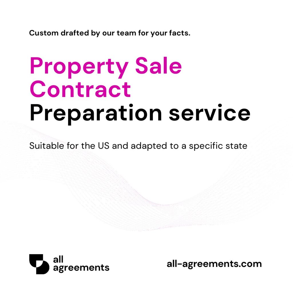 Alt Text: Custom Property Sale Contract Preparation Service – Page 1: Product cover showing hand-prepared real estate purchase and sale contract mockup.