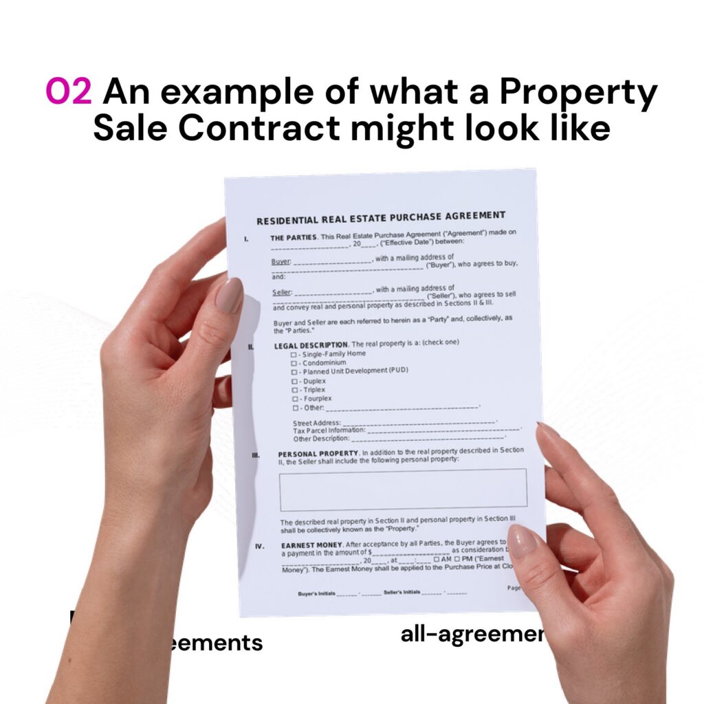 Alt Text: Custom Property Sale Contract Preparation Service – Page 3: Diagram of legal pillars including Purchase Price & Deposit Escrow, Contingencies & Inspections, Title & Closing Conditions, and Default & Breach Remedies.