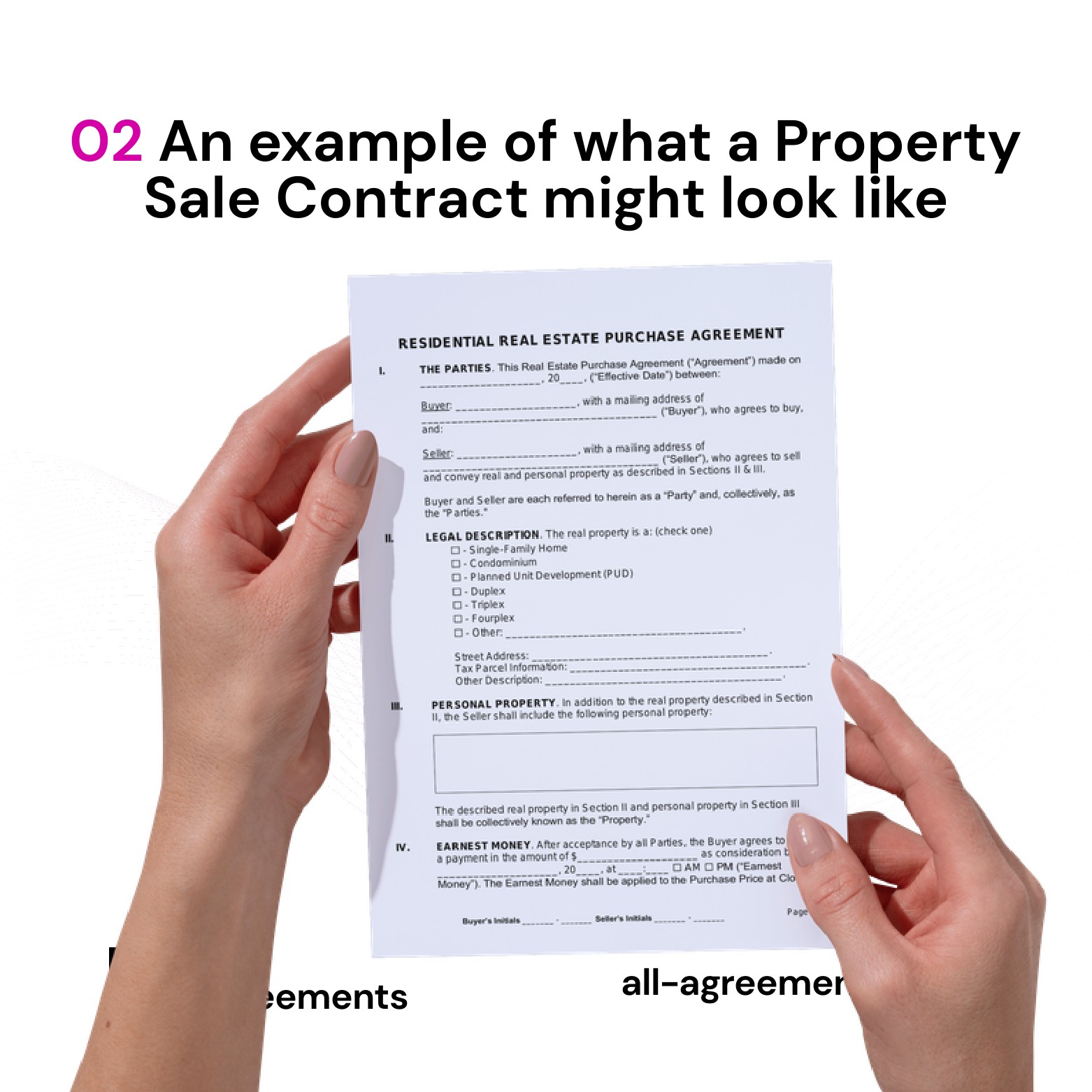 Alt Text: Custom Property Sale Contract Preparation Service – Page 3: Diagram of legal pillars including Purchase Price & Deposit Escrow, Contingencies & Inspections, Title & Closing Conditions, and Default & Breach Remedies.