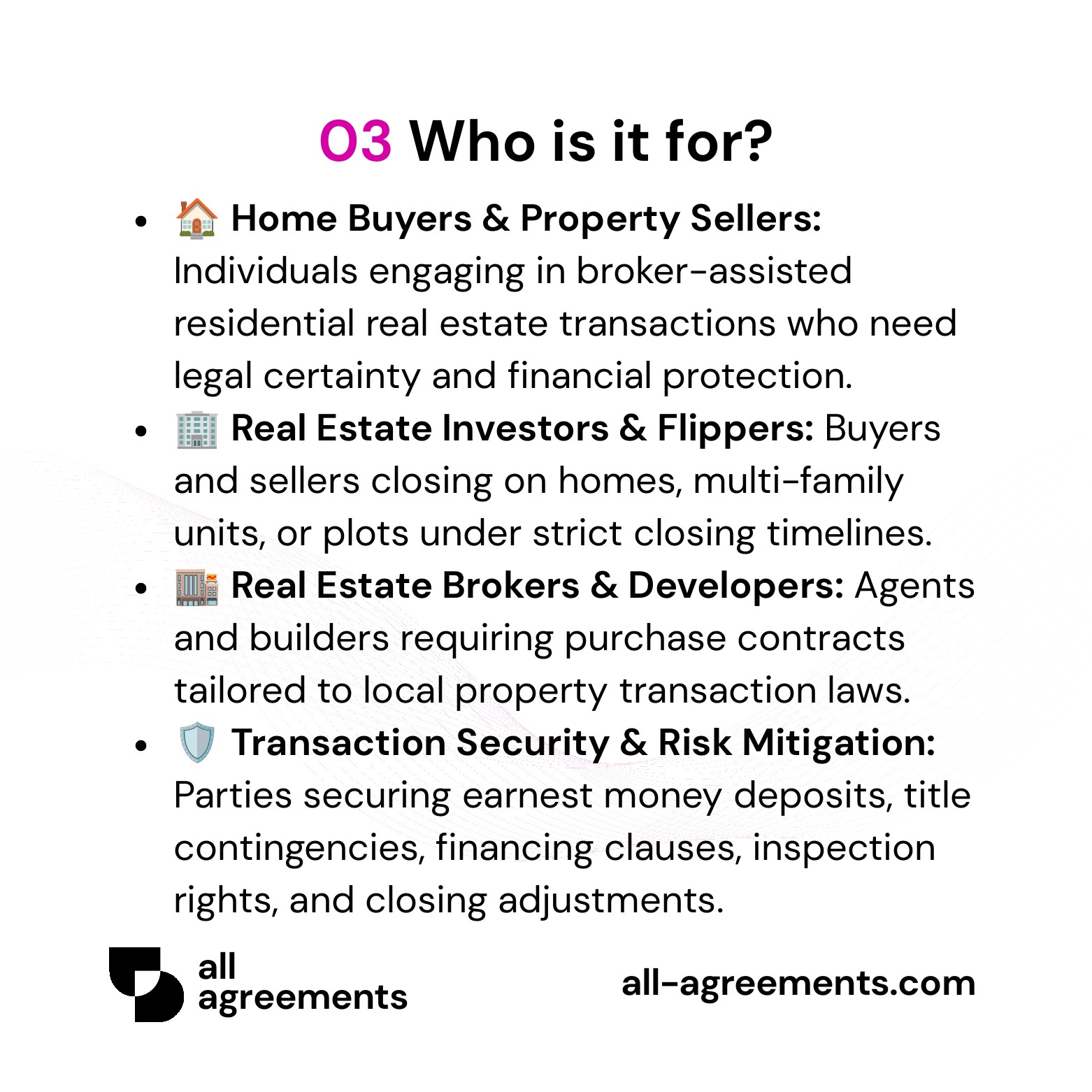 Alt Text: Custom Property Sale Contract Preparation Service – Page 4: Infographic showing use cases for homebuyers, private sellers, real estate brokers, and property developers.