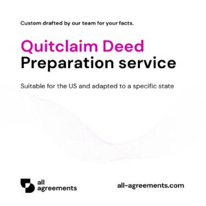 Alt Text: Custom Quitclaim Deed Preparation Service – Page 1: Product cover showing hand-prepared quitclaim deed document and property transfer form mockup.