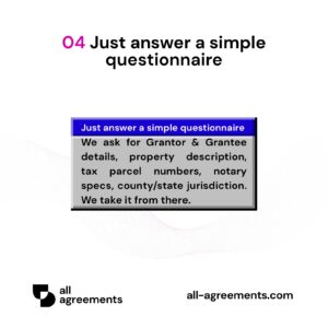 Alt Text: Custom Quitclaim Deed Preparation Service – Page 5: Diagram showing questionnaire mapping parcel IDs, legal property boundaries, transfer tax codes, marital status, and county recording rules.