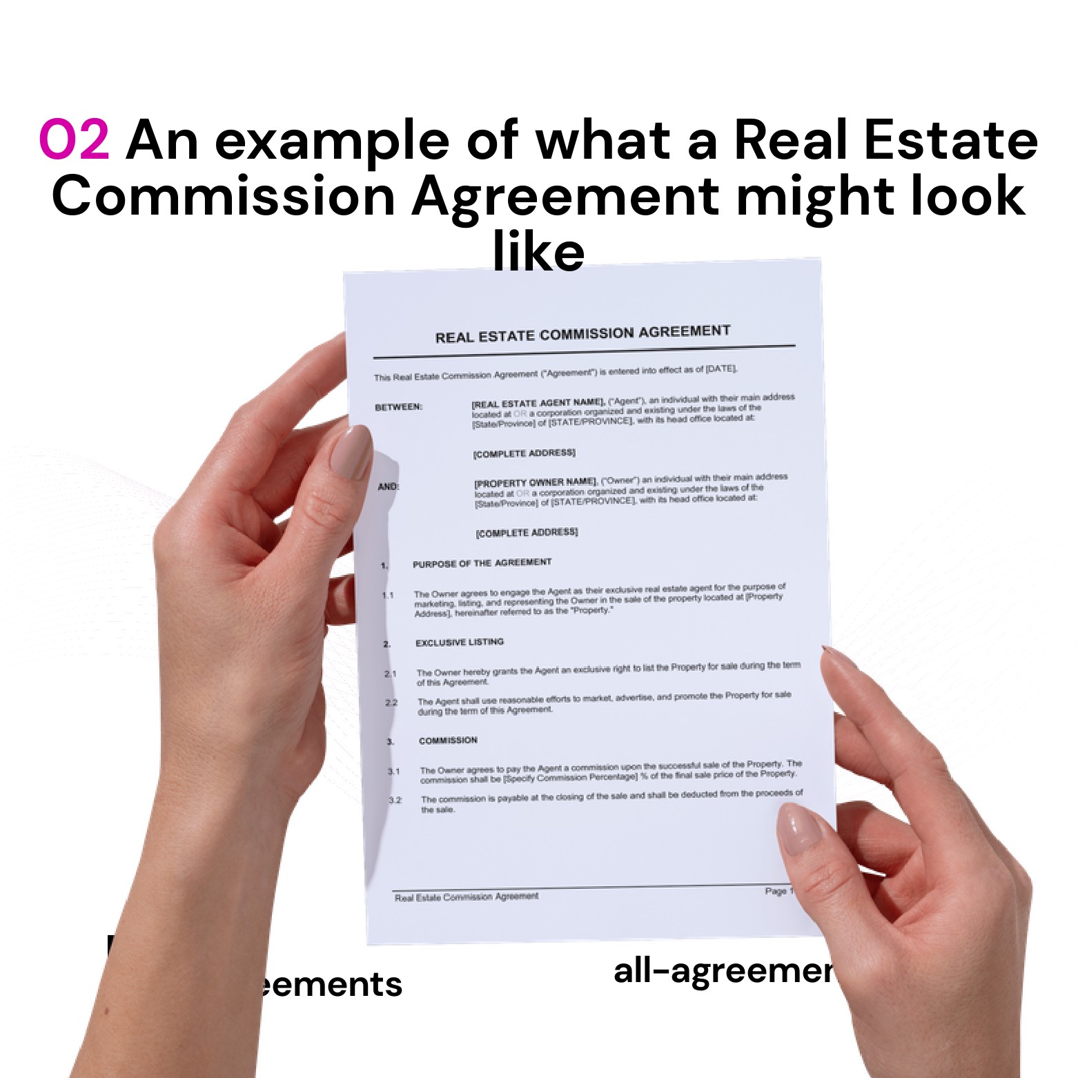 Alt Text: Custom Real Estate Commission Agreement Preparation Service – Page 3: Diagram of legal pillars including Fee Structure & Rate, Procuring Cause & Buyer Registration, Escrow & Payout Triggers, and Non-Circumvention Protection.