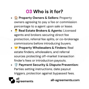 Alt Text: Custom Real Estate Commission Agreement Preparation Service – Page 4: Infographic showing use cases for sellers, buyer's agents, referral brokers, and real estate finders.