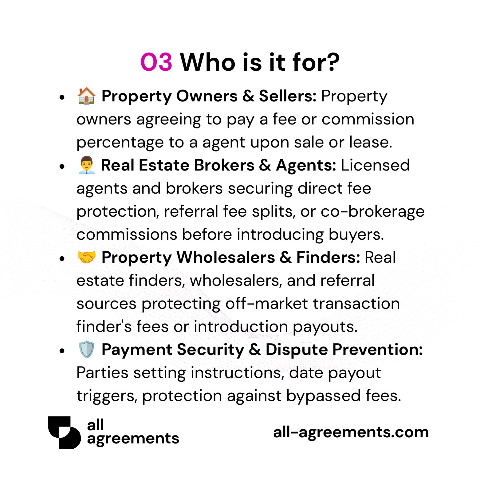 Alt Text: Custom Real Estate Commission Agreement Preparation Service – Page 4: Infographic showing use cases for sellers, buyer's agents, referral brokers, and real estate finders.