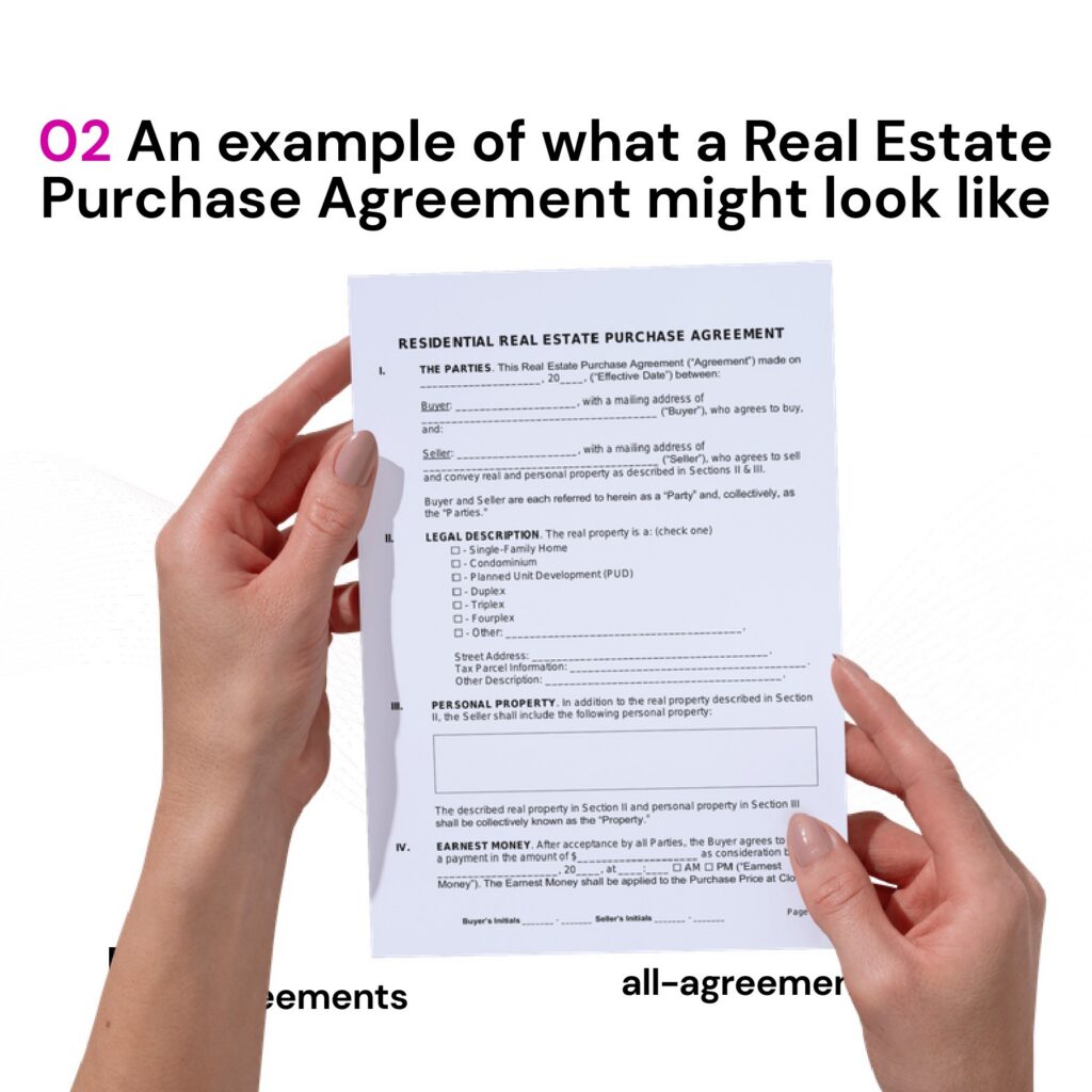 Alt Text: Custom Real Estate Purchase Agreement Preparation Service – Page 3: Diagram of legal pillars including Purchase Consideration & Escrow, Inspection & Financing Contingencies, Title Clearance & Closing Terms, and Breach & Default Remedies.