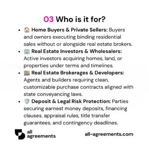 Alt Text: Custom Real Estate Purchase Agreement Preparation Service – Page 4: Infographic showing use cases for homebuyers, private sellers, real estate investors, and property agents.