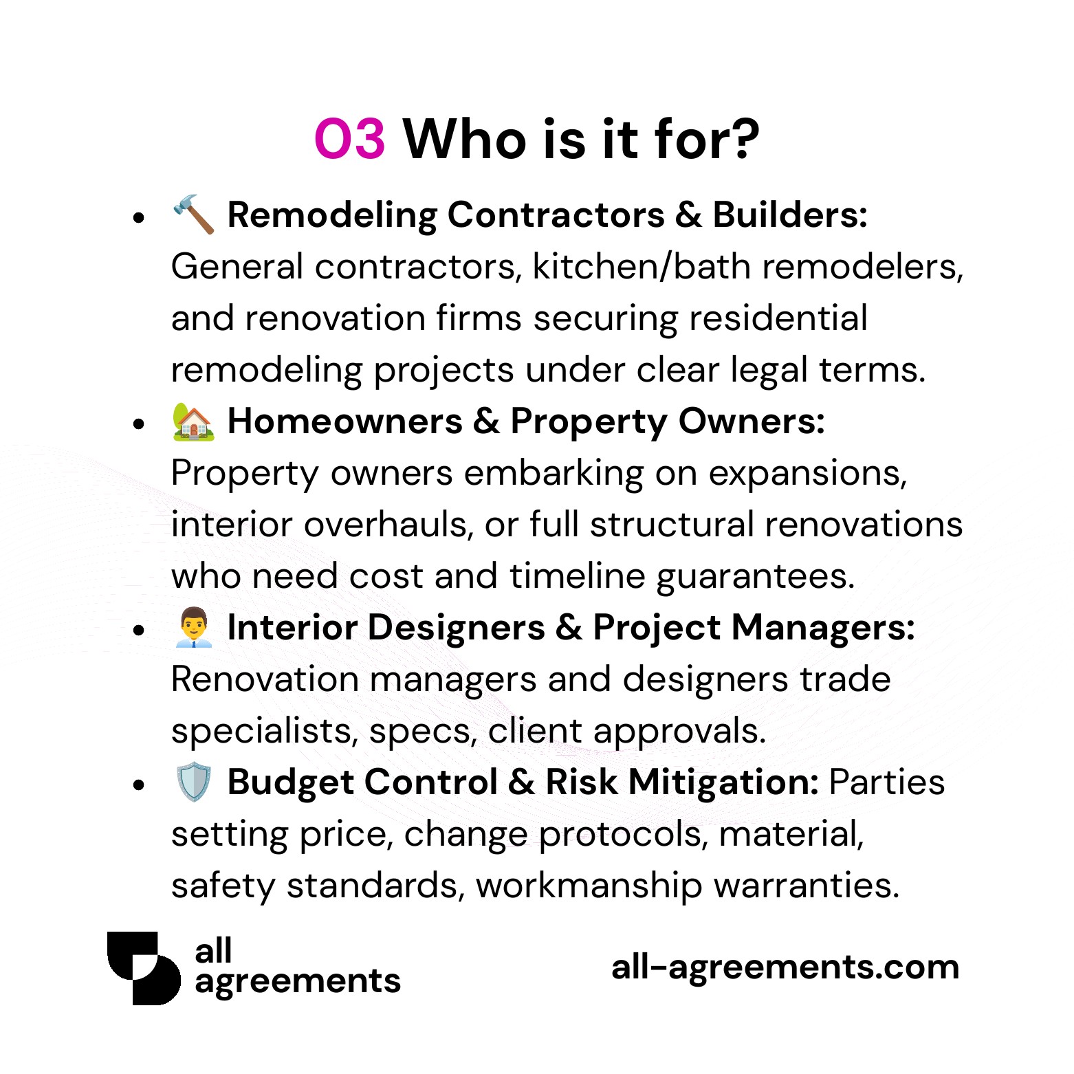 Alt Text: Custom Remodeling Agreement Preparation Service – Page 4: Infographic showing use cases for remodeling contractors, homeowners, interior designers, and renovation managers.