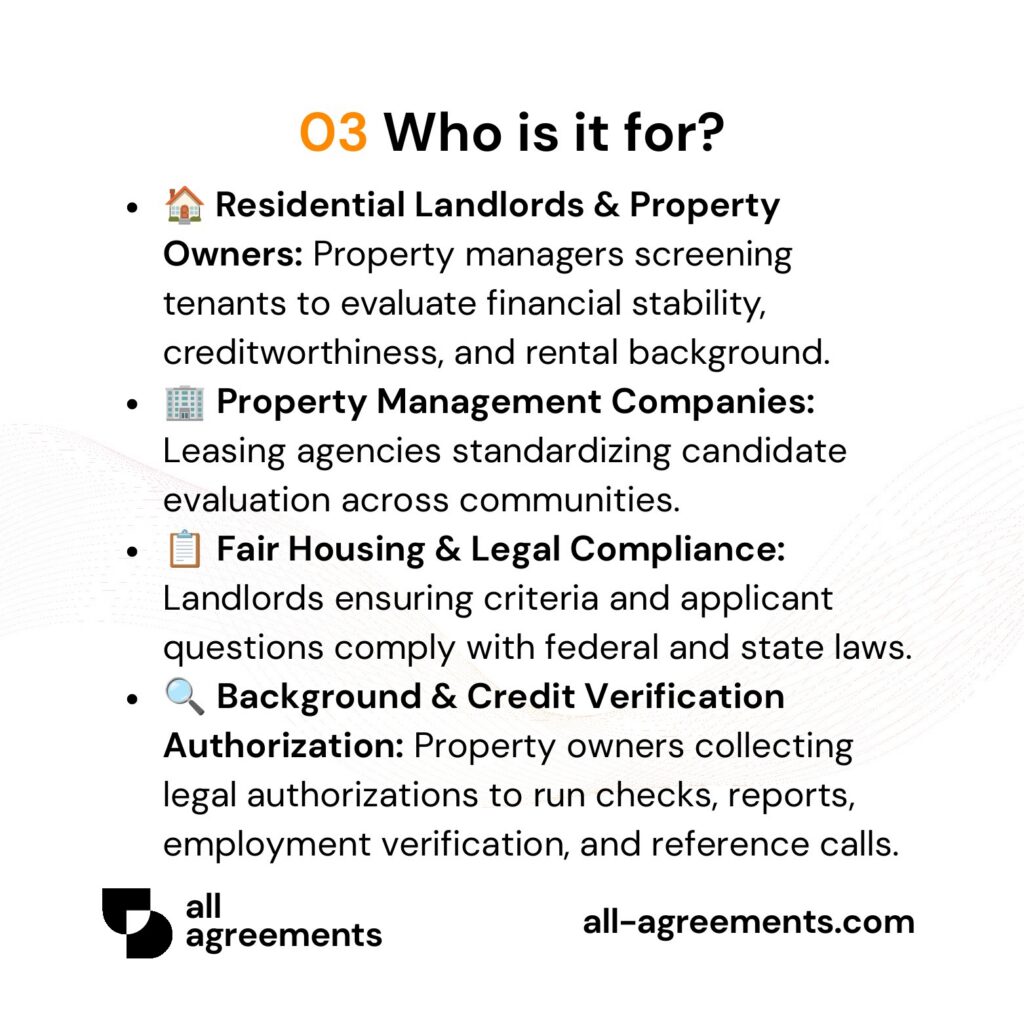 Alt Text: Custom Rental Application Form Preparation Service – Page 4: Infographic showing use cases for private landlords, property managers, tenant screening, and risk reduction.