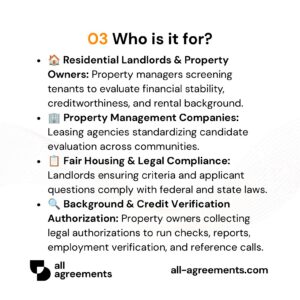 Alt Text: Custom Rental Application Form Preparation Service – Page 4: Infographic showing use cases for private landlords, property managers, tenant screening, and risk reduction.
