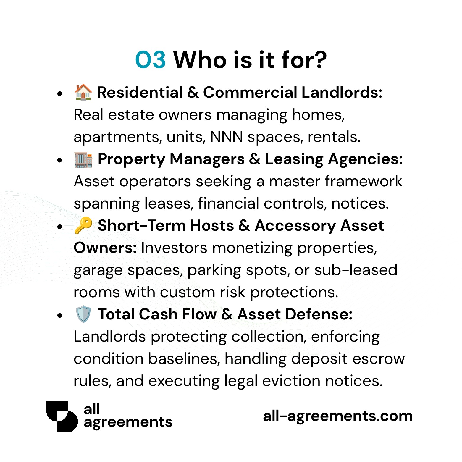 Alt Text: Custom Rental Property Bundle Service – Page 4: Infographic showing use cases for multi-family landlords, commercial property owners, short-term hosts, and property managers.