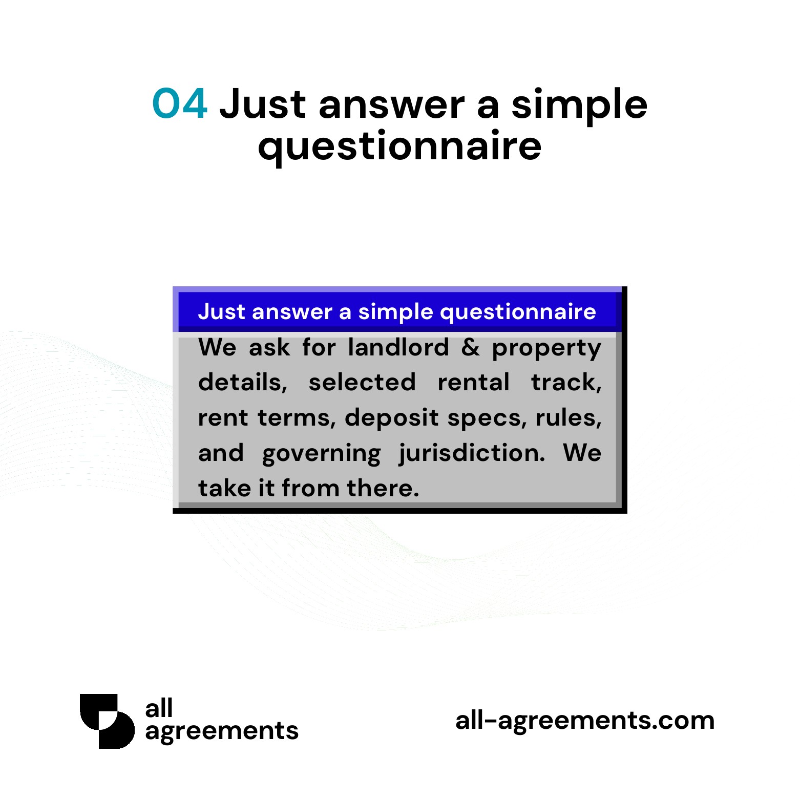 Alt Text: Custom Rental Property Bundle Service – Page 5: Diagram showing questionnaire mapping occupancy limits, NNN lease terms, deposit escrow rules, pet addendums, and state landlord-tenant codes.
