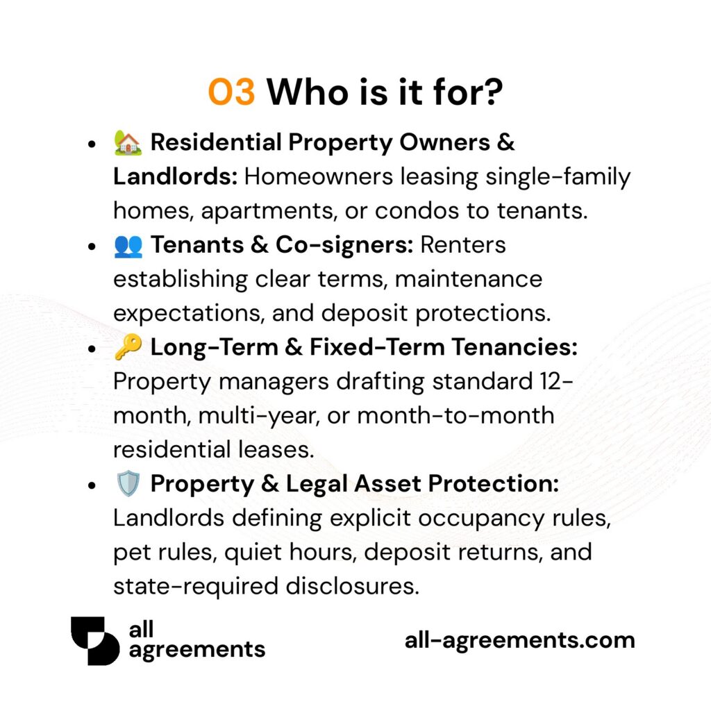 Alt Text: Custom Residential Lease Agreement Preparation Service – Page 4: Infographic showing use cases for apartment owners, single-family landlords, tenants, and property managers.