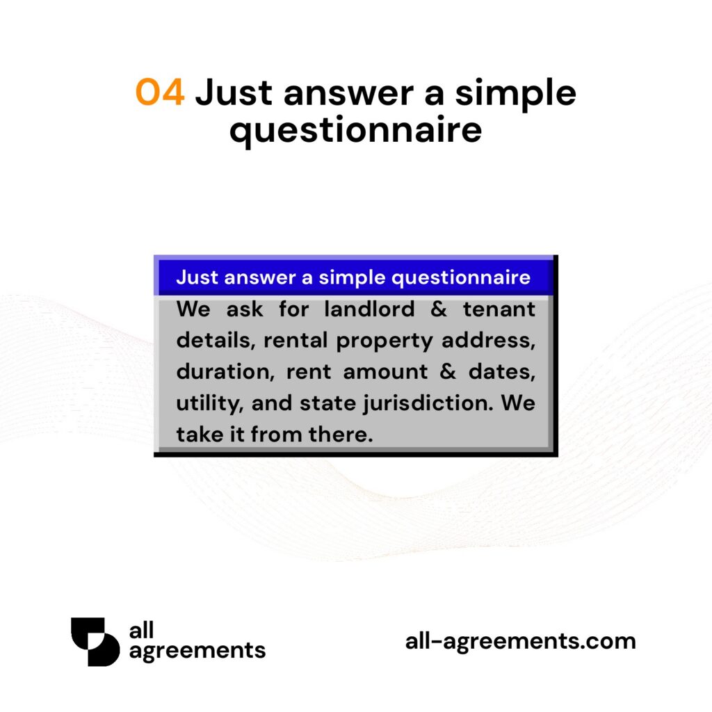 Alt Text: Custom Residential Lease Agreement Preparation Service – Page 5: Diagram showing questionnaire mapping rental property parameters, duration, security deposit, utility splits, and state laws.