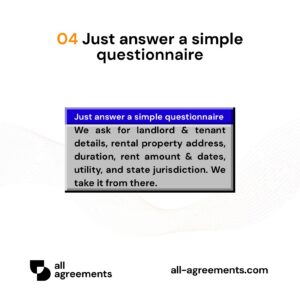 Alt Text: Custom Residential Lease Agreement Preparation Service – Page 5: Diagram showing questionnaire mapping rental property parameters, duration, security deposit, utility splits, and state laws.