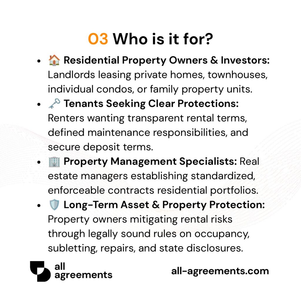 Alt Text: Custom Residential Property Lease Preparation Service – Page 4: Infographic showing use cases for single-family homes, condo owners, long-term tenants, and real estate investors.