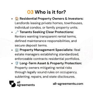 Alt Text: Custom Residential Property Lease Preparation Service – Page 4: Infographic showing use cases for single-family homes, condo owners, long-term tenants, and real estate investors.
