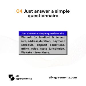 Alt Text: Custom Residential Property Lease Preparation Service – Page 5: Diagram showing questionnaire mapping property address, lease length, security deposit, utility splits, and state property laws.
