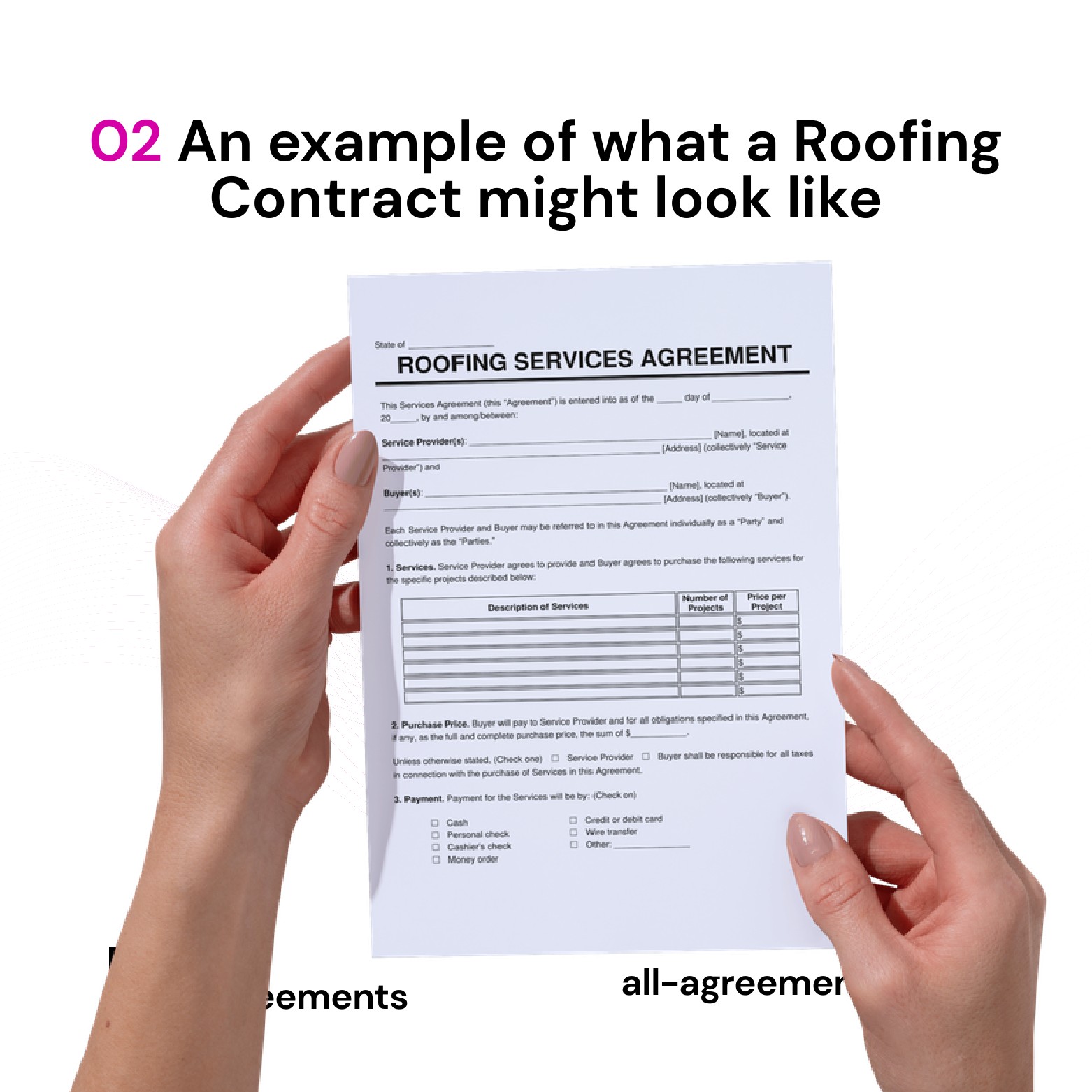 Alt Text: Custom Roofing Contract Preparation Service – Page 3: Diagram of legal pillars including Roofing Scope & Material Specs, Payment Milestones & Insurance Contingencies, Weather & Delay Protocols, and Workmanship Warranties.