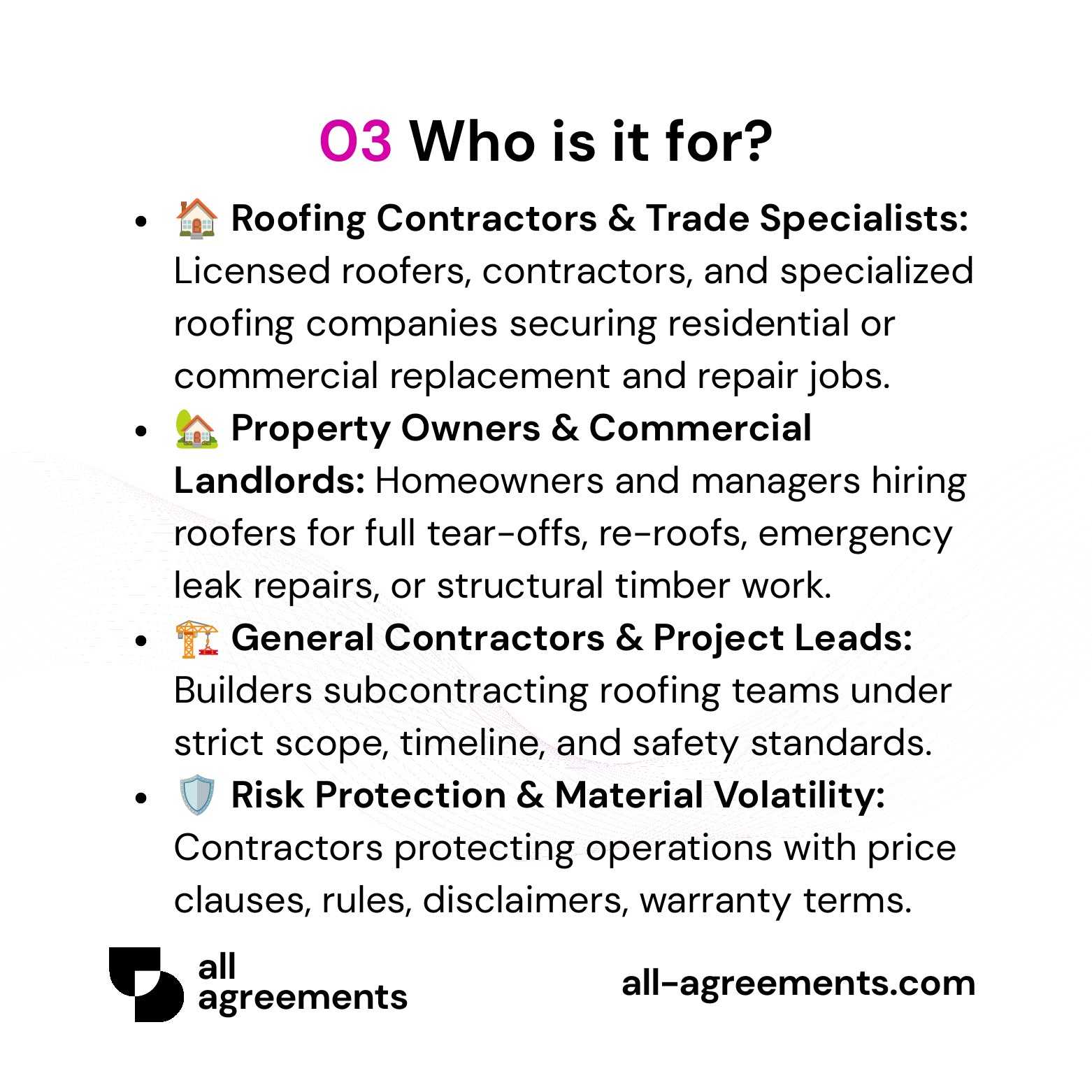 Alt Text: Custom Roofing Contract Preparation Service – Page 4: Infographic showing use cases for roofing specialists, homeowners, general contractors, and commercial landlords.