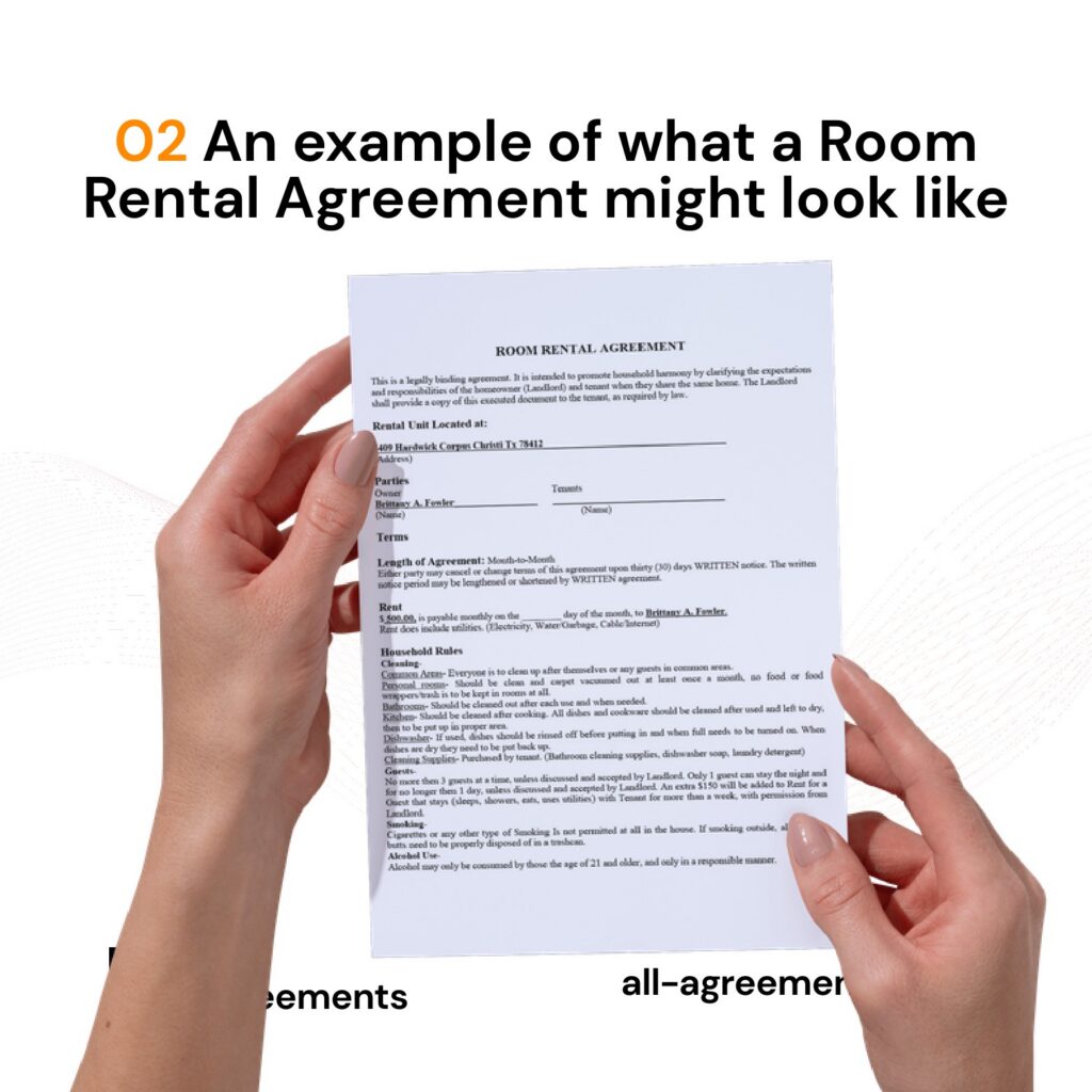 Alt Text: Custom Room Rental Agreement Preparation Service – Page 3: Diagram of legal pillars including Room Designation, Utility Allocation, House Rules, and Deposit Rules.