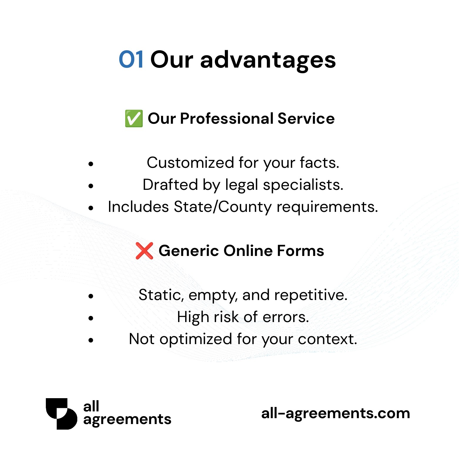 Alt Text: Custom Separation Agreement Preparation Service – Page 2: Comparison table of tailored drafting versus generic internet separation forms.