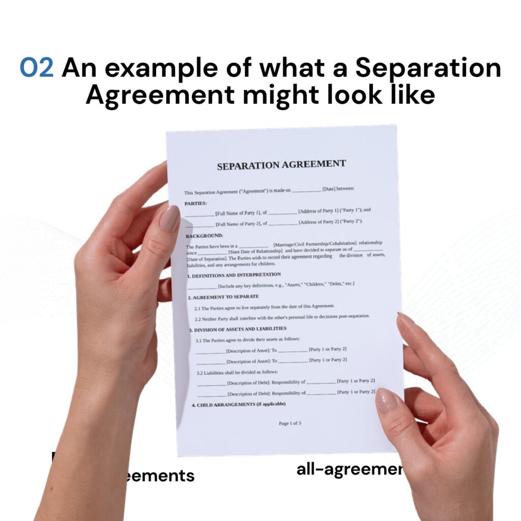 Alt Text: Custom Separation Agreement Preparation Service – Page 3: Diagram of legal pillars including Property Division, Child Custody/Support, Spousal Maintenance, and Living Rules.