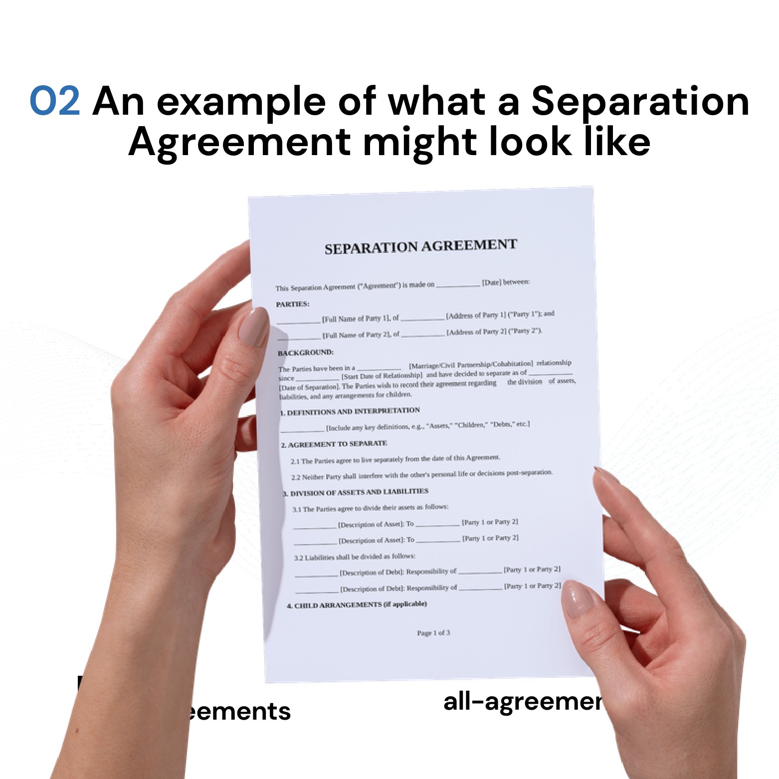 Alt Text: Custom Separation Agreement Preparation Service – Page 3: Diagram of legal pillars including Property Division, Child Custody/Support, Spousal Maintenance, and Living Rules.