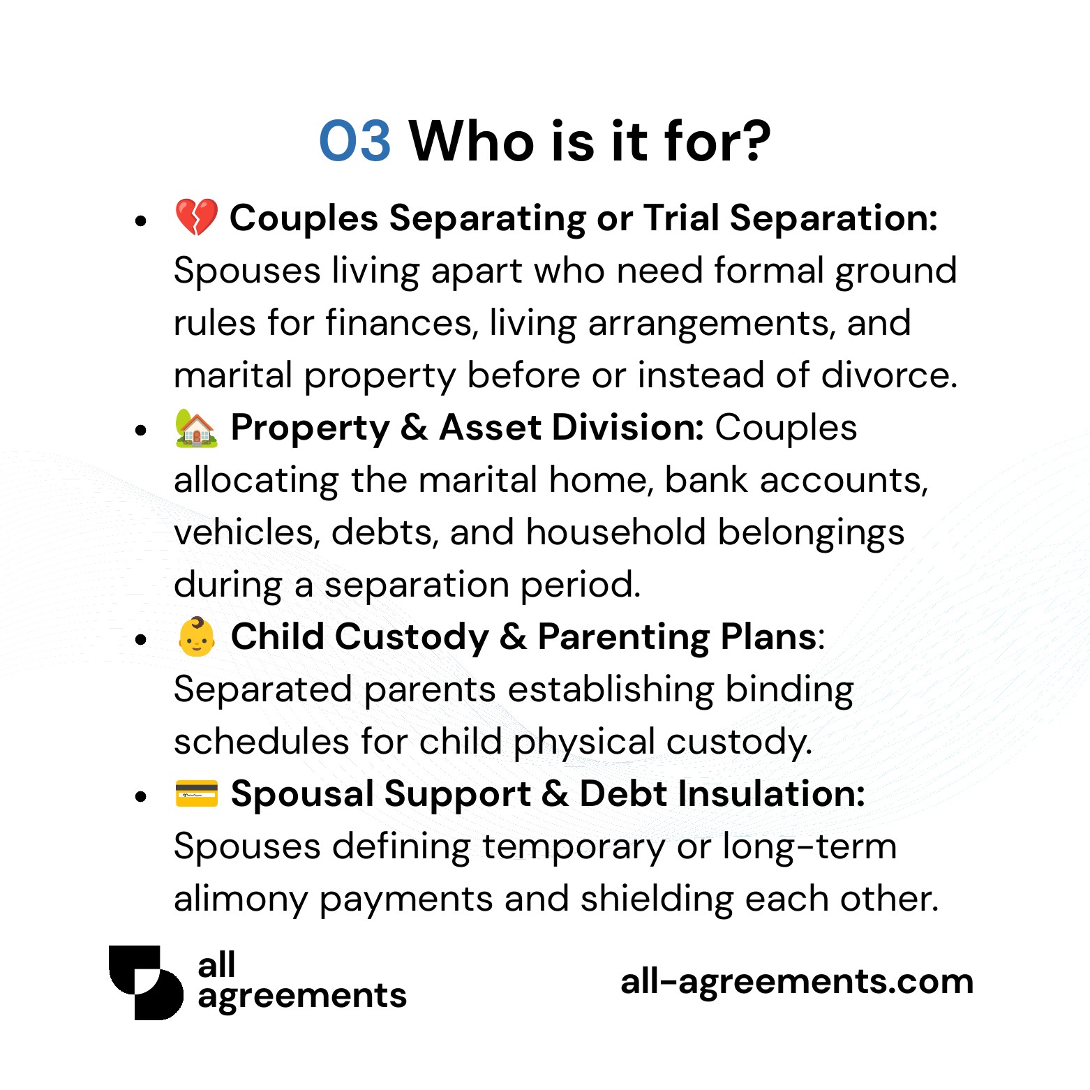 Alt Text: Custom Separation Agreement Preparation Service – Page 4: Infographic showing use cases for trial separation, property division, parenting plans, and debt insulation.