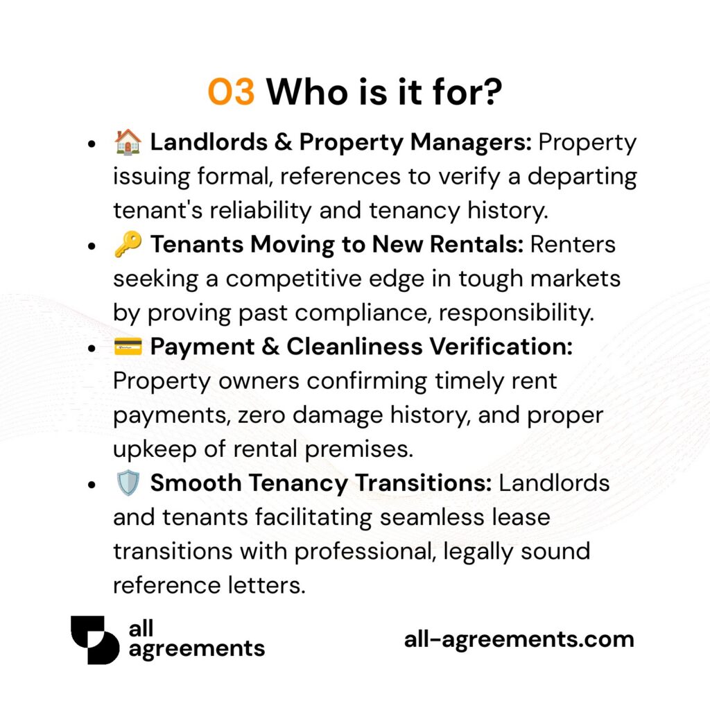 Alt Text: Custom Tenant Reference Letter Preparation Service – Page 4: Infographic showing use cases for landlords, prospective tenants, property managers, and competitive screening.