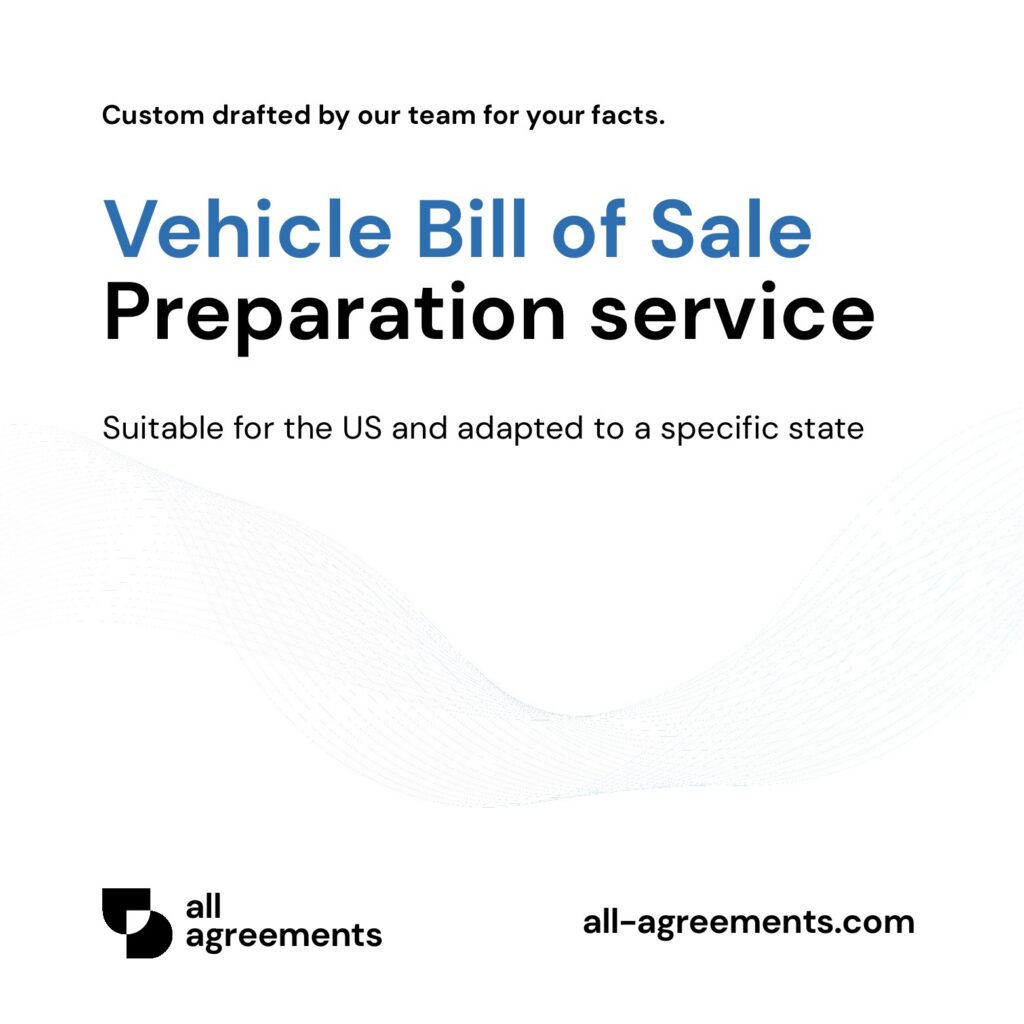 Alt Text: Custom Vehicle Bill of Sale Preparation Service – Page 1: Product cover showing hand-prepared auto bill of sale and odometer disclosure document mockup.
