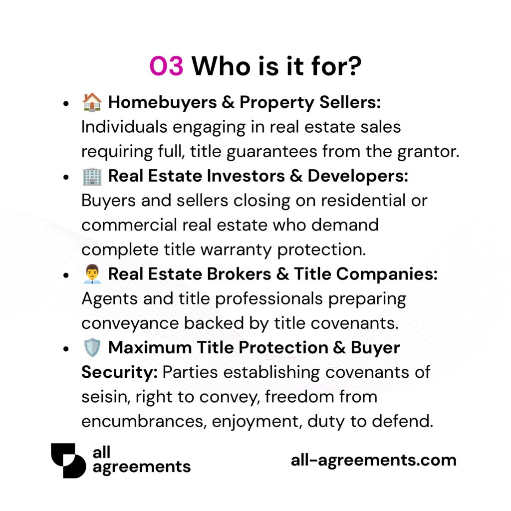 Alt Text: Custom Warranty Deed Preparation Service – Page 4: Infographic showing use cases for property buyers, sellers, real estate investors, and title agents.