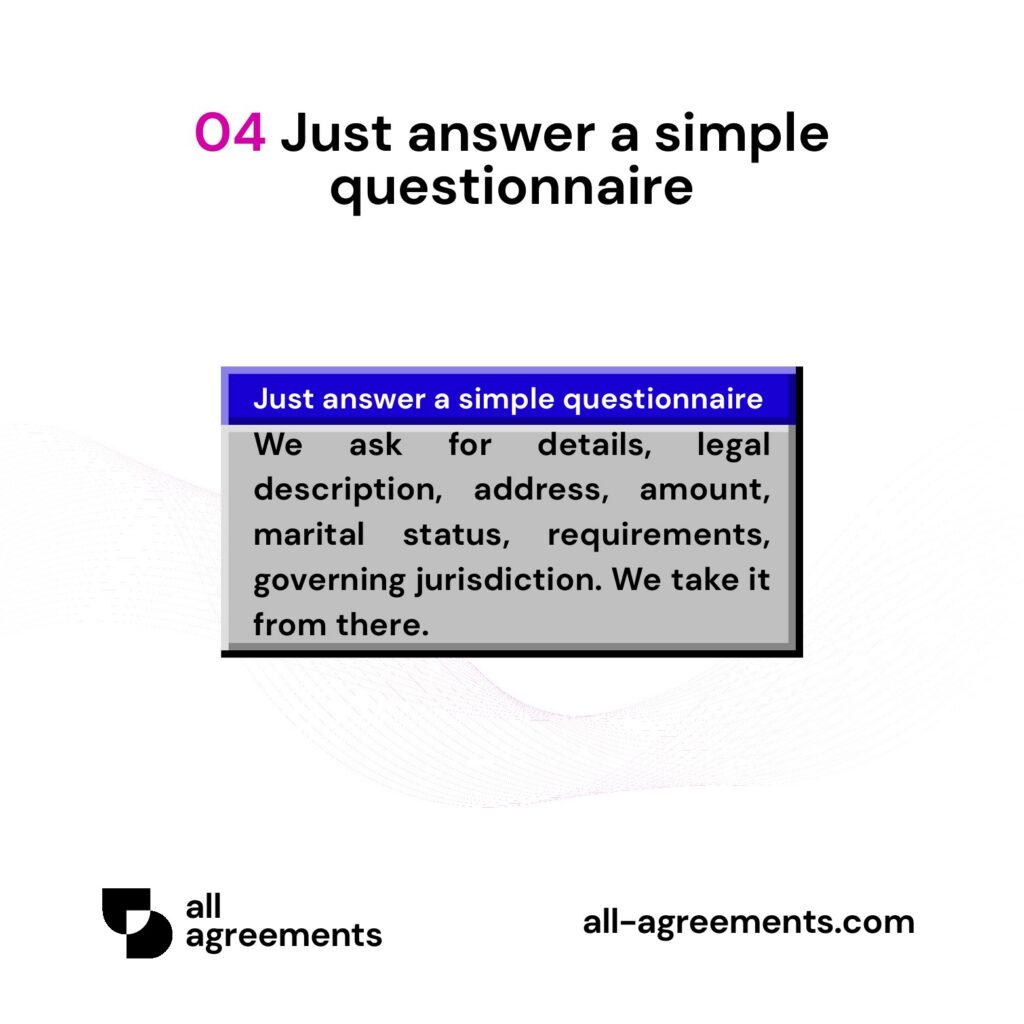 Alt Text: Custom Warranty Deed Preparation Service – Page 5: Diagram showing questionnaire mapping parcel IDs, legal property boundaries, permitted title exceptions, marital status, and county recording codes.