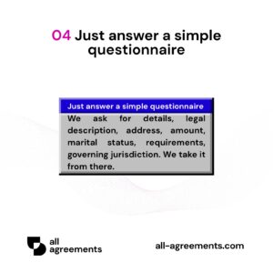 Alt Text: Custom Warranty Deed Preparation Service – Page 5: Diagram showing questionnaire mapping parcel IDs, legal property boundaries, permitted title exceptions, marital status, and county recording codes.