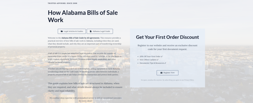Welcome to the Alabama Bills of Sale Guide by All Agreements. This resource provides a practical overview of how bills of sale work in Alabama, including when they are used, what they should include, and why they are an important part of transferring ownership of personal property.