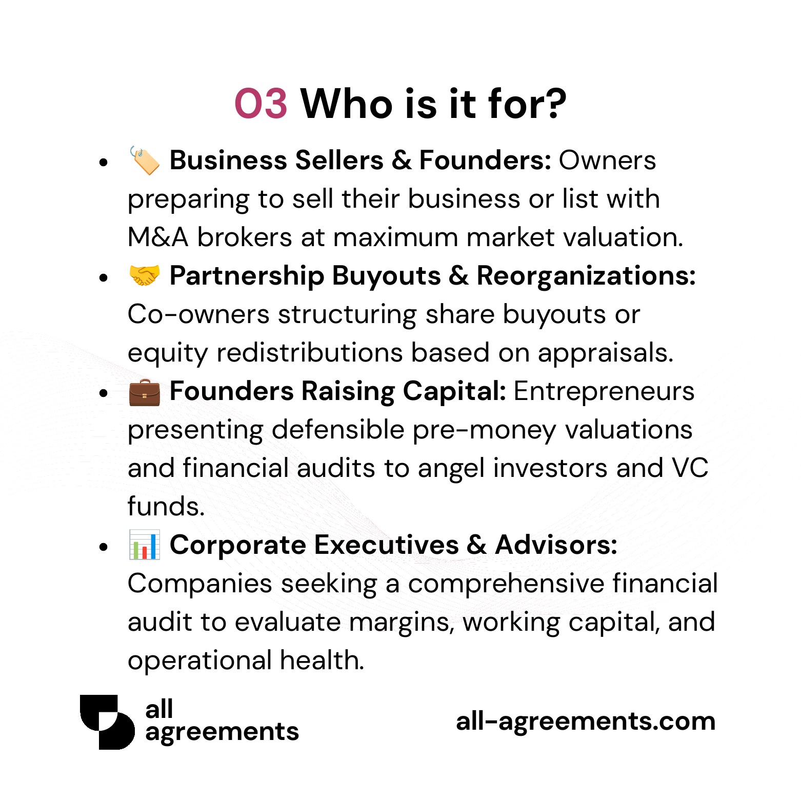 Alt Text: Custom Business Valuation & Financial Health Report Service – Page 4: Infographic showing use cases for business sellers, equity founders, partner buyouts, and corporate executives.