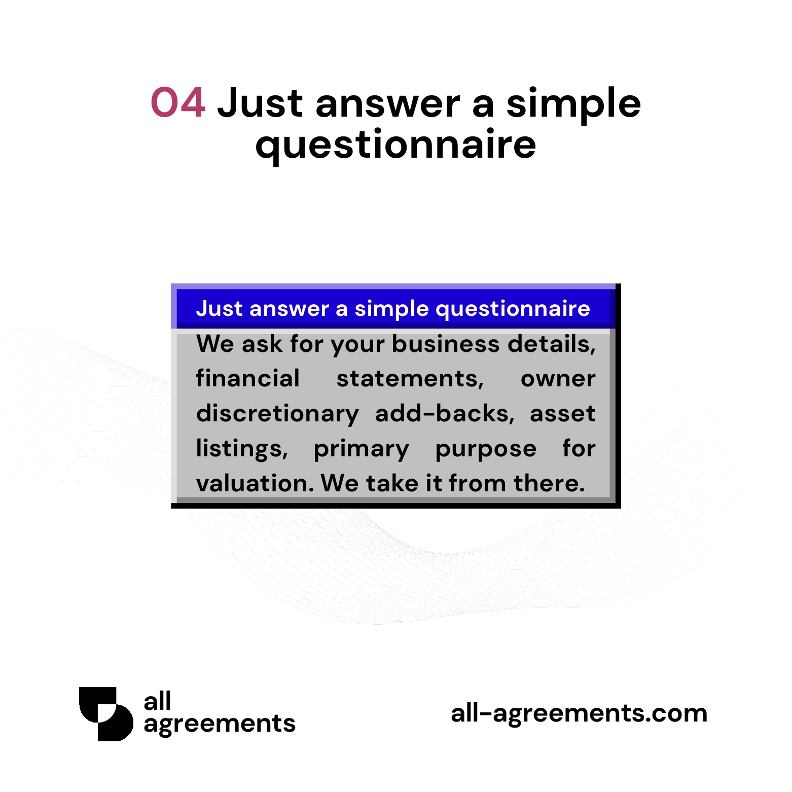 Alt Text: Custom Business Valuation & Financial Health Report Service – Page 5: Diagram showing questionnaire mapping revenue streams, owner add-backs, asset balance sheets, growth history, and valuation objectives.