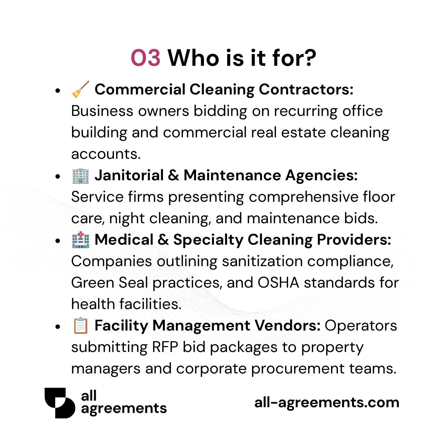 Alt Text: Custom Commercial Cleaning & Janitorial Bidding Proposal Service – Page 4: Infographic showing use cases for commercial contractors, janitorial agencies, medical cleaning firms, and facility management vendors.