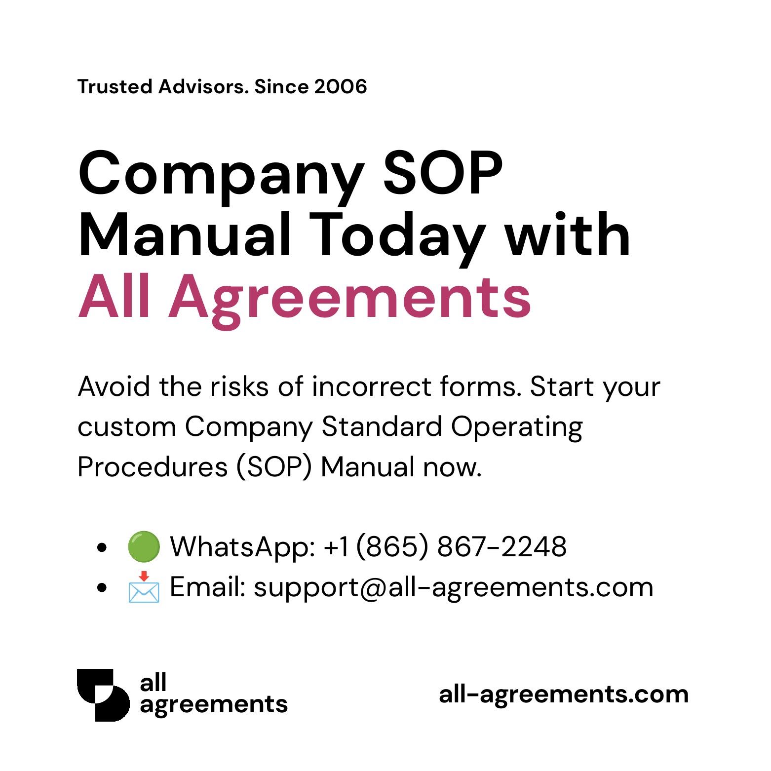 Alt Text: Custom Company Standard Operating Procedures (SOP) Manual Service – Page 10: Order call to action button with all agreements logo.