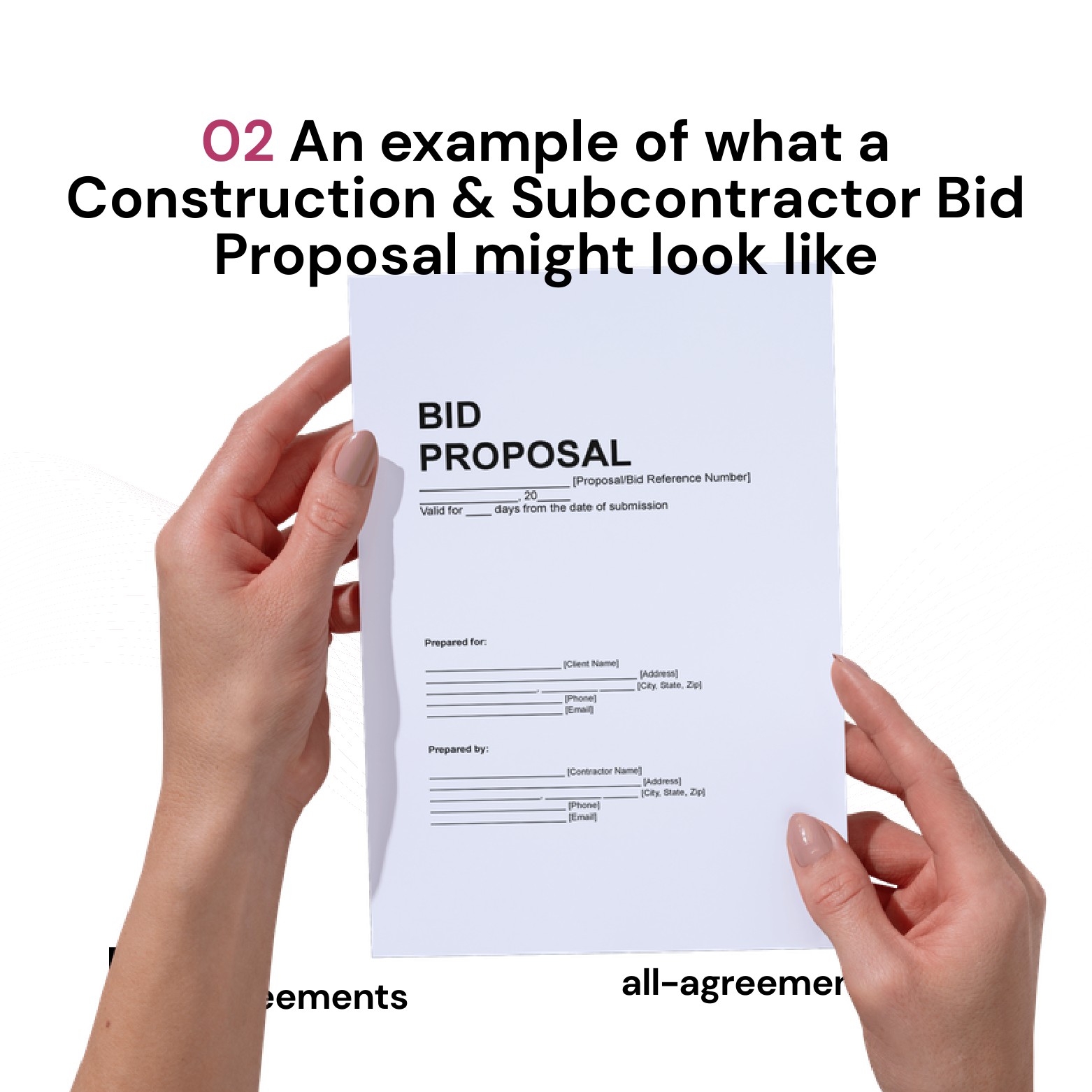 Alt Text: Custom Construction & Subcontractor Bid Proposal Service – Page 3: Diagram of 5 construction pillars including Scope Definition, Cost Breakdown, Exclusions/Allowances, Project Schedule, and Change Order Rules.