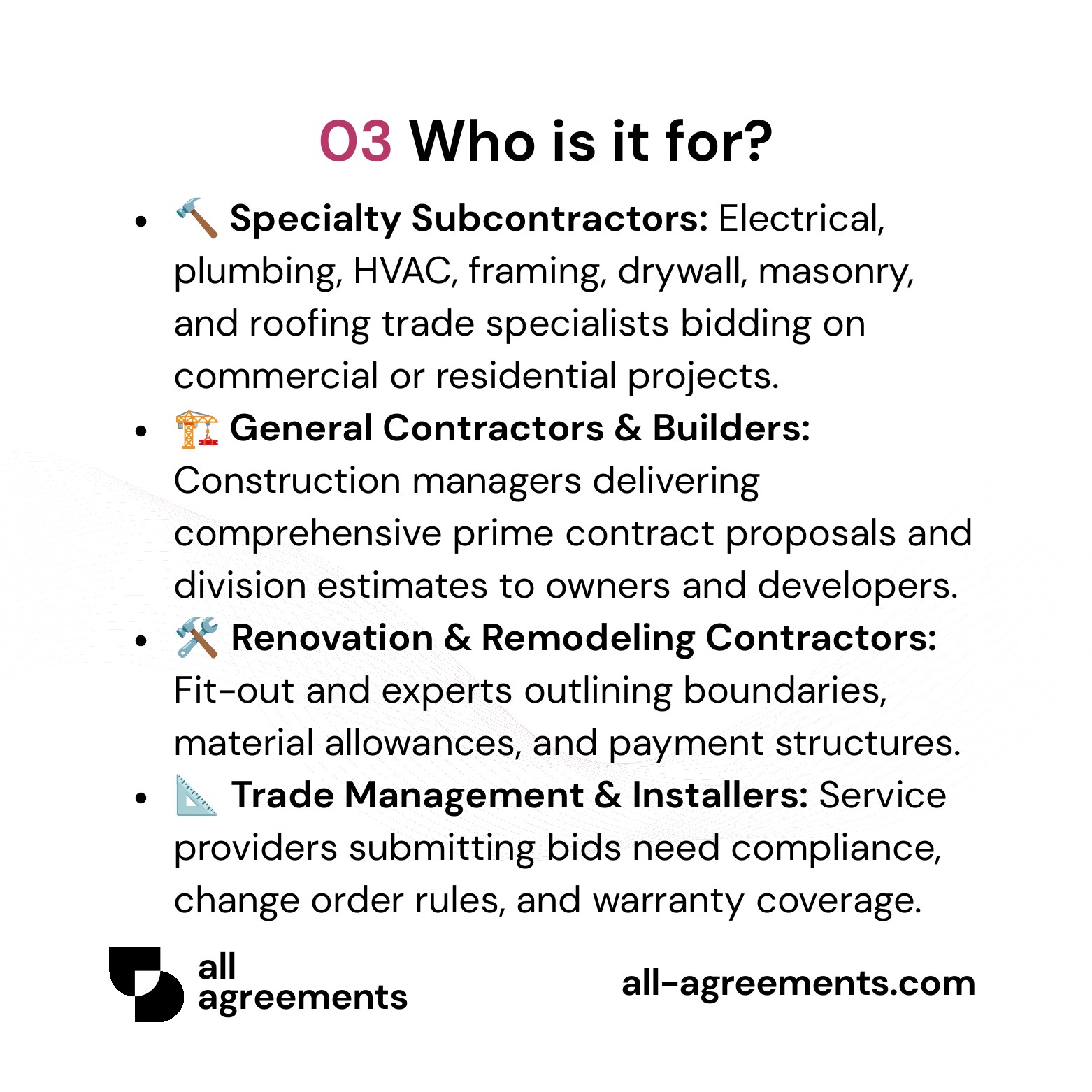 Alt Text: Custom Construction & Subcontractor Bid Proposal Service – Page 4: Infographic showing use cases for specialty trade subcontractors, general contractors, remodeling firms, and installers.