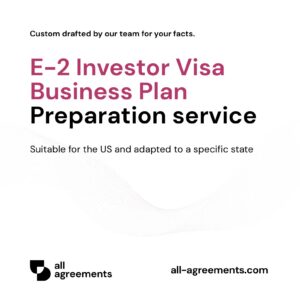 Alt Text: E-2 Investor Visa Business Plan Preparation Service – Page 1: Product cover showing custom E-2 visa business plan document mockup with U.S. immigration flag accent.
